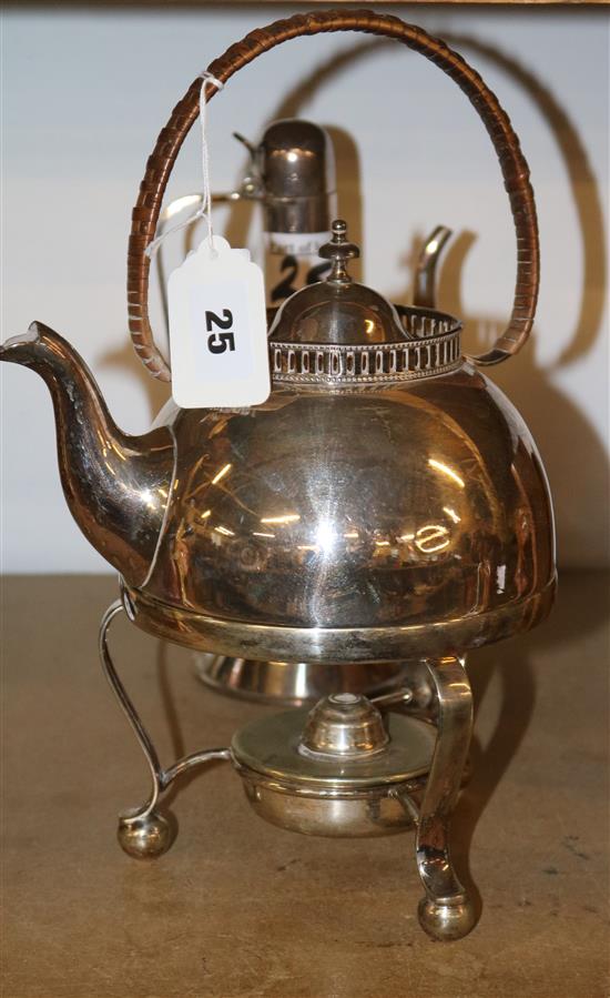 Edwardian plated spirit bottle, stand and burner and a plated Persian style pot (2